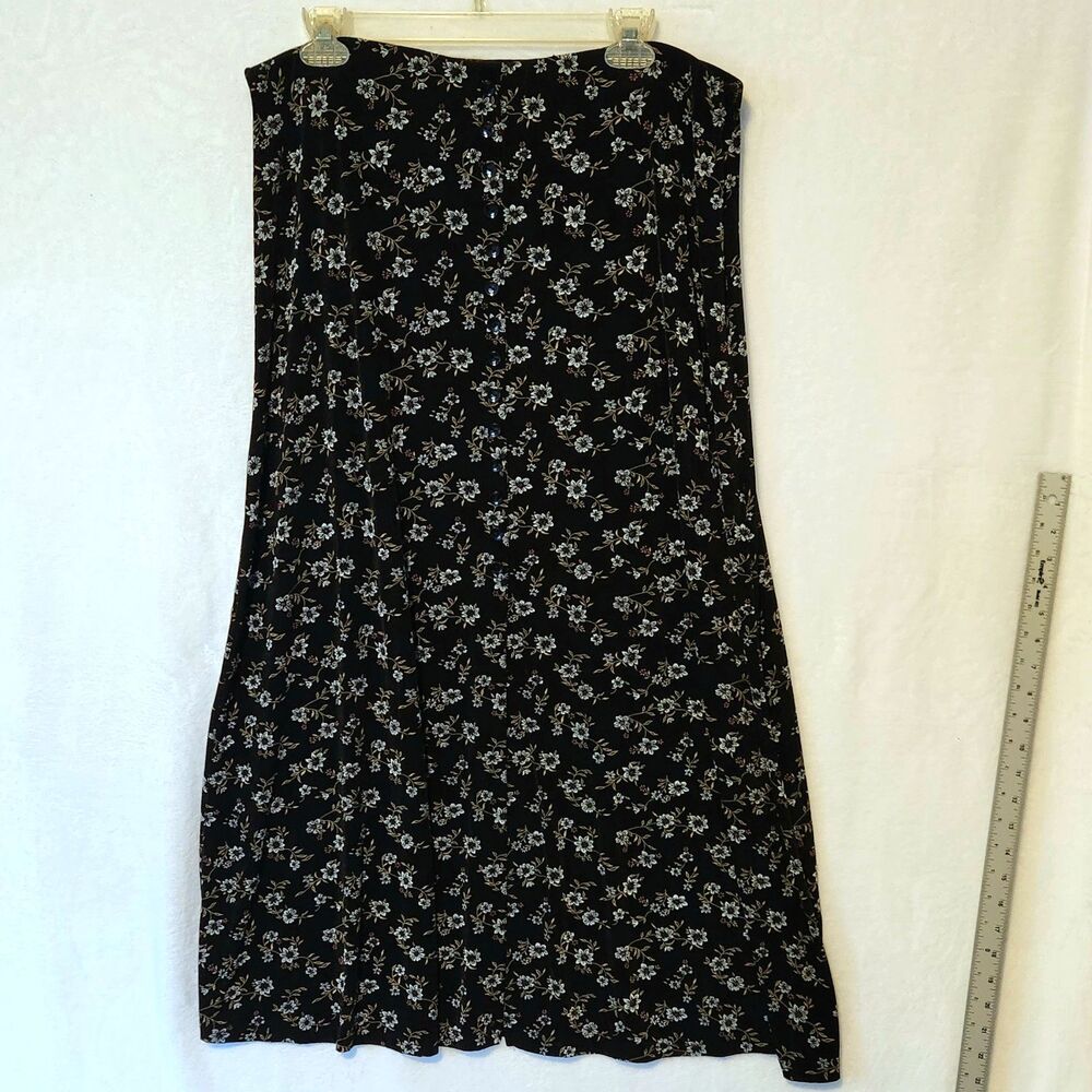 Briggs New York Women's XL Vintage Black Floral Button-Front Slinky Maxi Skirt